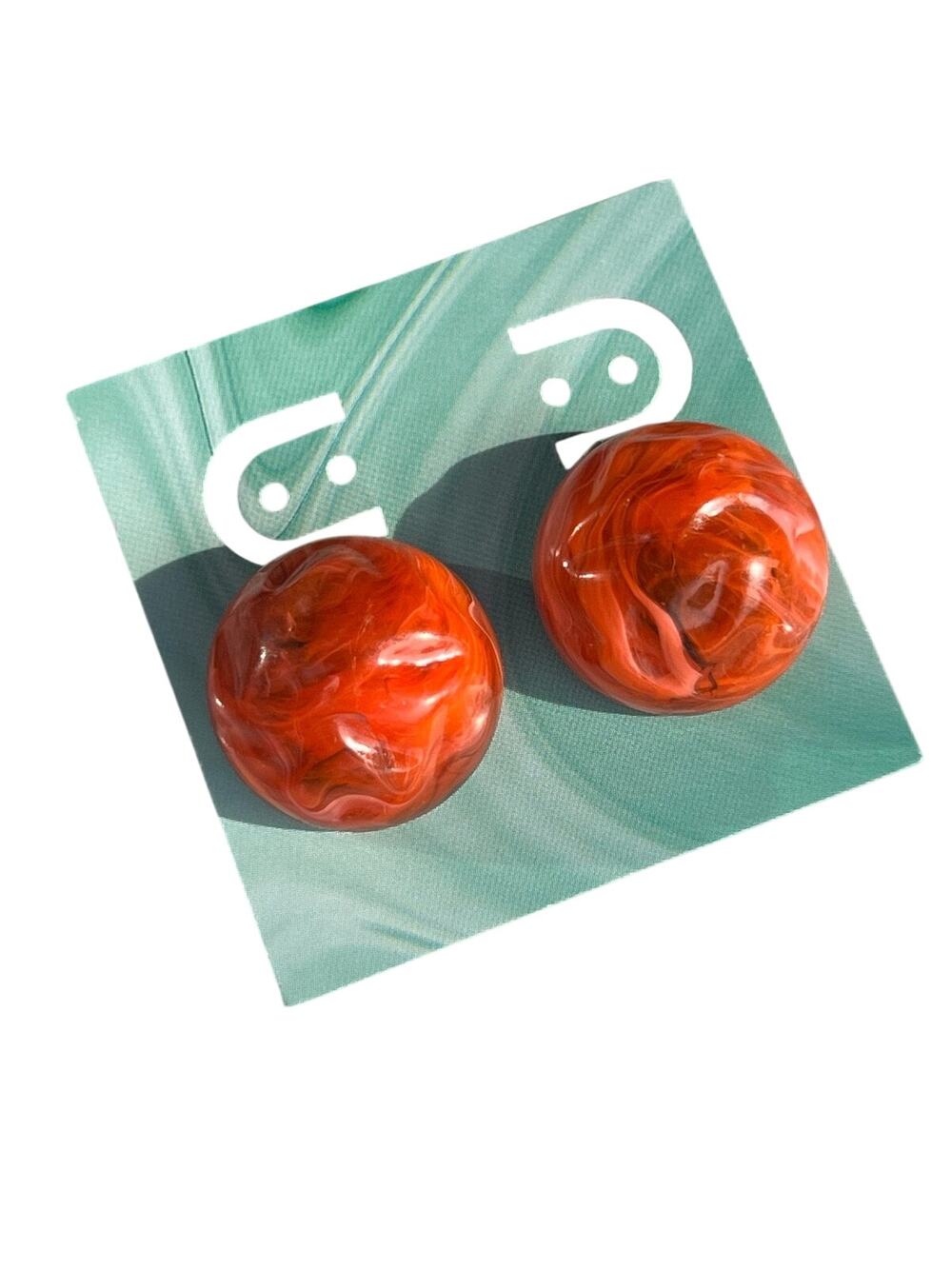 1970s Orange Marbled Half-Sphere Clip-On Earrings Retro Statement Jewelry